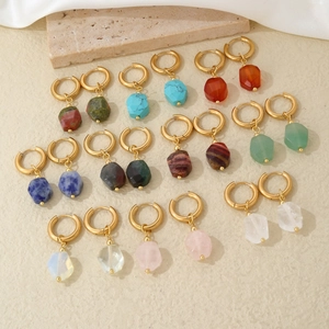 Minimalist geometric natural stone earrings set in polished gold plating finish