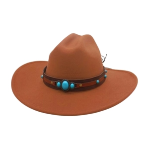 Detail of tan felt cowboy hat featuring turquoise stone studs on a leather band