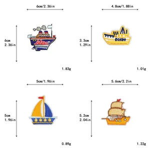 Size and weight details for four distinct embroidered nautical ship and sailboat patches