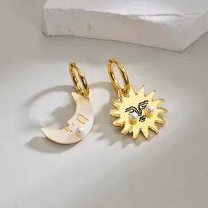 Asymmetric Sun And Moon Dangle Earrings Stainless Steel 14K Gold Plated With Faux Artificial Pearl Celestial Jewelry For Women