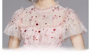 Vue détaillée du col à volants et de la broderie florale sur la robe en tulle rose