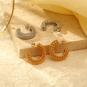Boucles D'oreilles Créoles Rondes Évidées Acier Inoxydable Plaqué Or 18K Géométrique Texturé Mode Femmes