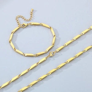 Golden stainless steel necklace and bracelet set with geometric link design and lobster clasp