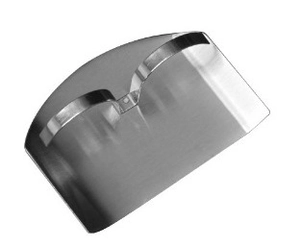 Close-up of a semi-circular stainless steel dough scraper with a sleek metal handle