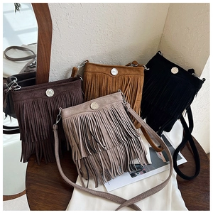 Group photo of suede tassel crossbody bags in dark brown, camel, khaki, and black colors