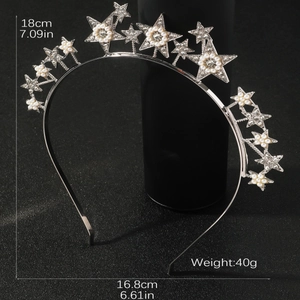 Silver star and pearl crown headband with crystals and detailed size specifications