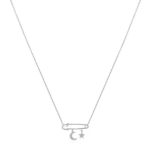 S925 sterling silver safety pin necklace with sparkling moon and star zircon pendants