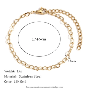 14K gold plated stainless steel heart link chain bracelet with adjustable clasp for women