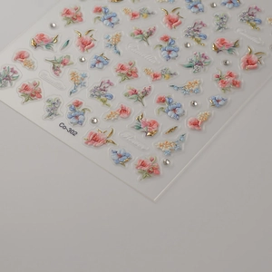 5D embossed floral nail stickers with gold outlines and crystal accents, model Co-302