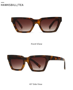 Detail view of tortoiseshell cat eye sunglasses with brown gradient lenses at two angles