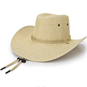 Classic wide brim linen cowboy hat with three-cord band and adjustable chin strap