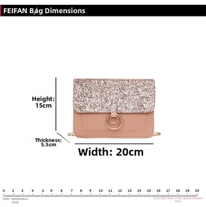 Pink sequin crossbody bag size guide showing width 20cm, height 15cm, and depth 5.5cm