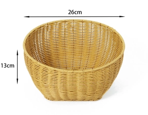 Detail view of round woven fruit basket with dimensions 26cm diameter and 13cm height