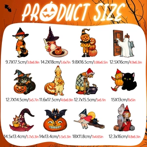 Detailed size chart for 12 vintage Halloween gnome and skull magnetic garage decorations