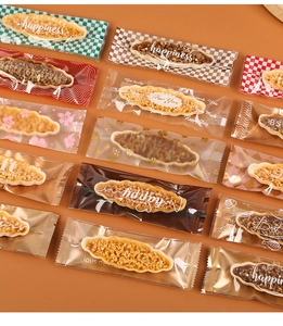 Detailed view of assorted transparent packaging bags for almond crisp pastry and snacks