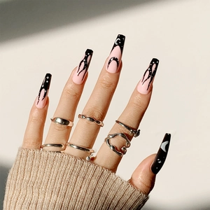 Press On Nails Long Coffin Fake Nails Pink Black Flame Star Moon Pattern Gothic Style Artificial Finger Nails For Women