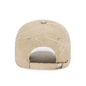 Distressed beige cotton baseball cap featuring unique white torn patterns and adjustable back