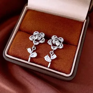 Rose Flower Dangle Earrings With Zircon Inlaid Copper Metal And Silver Earring Post For Women Elegant