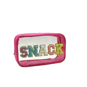 Trousse de maquillage en PVC rose imperméable avec broderie SNACK et grande capacité