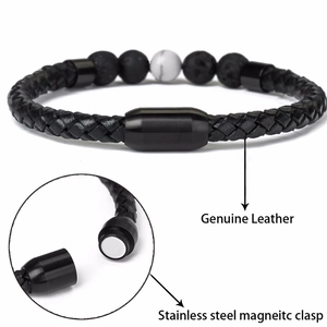 8mm tiger eye bead leather bracelet with stainless steel magnetic clasp for men