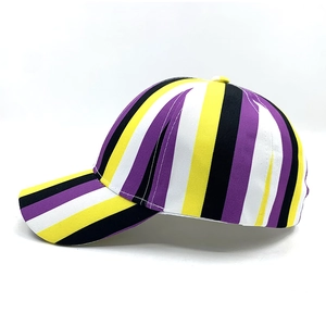 Unisex non-binary pride flag baseball cap with yellow, white, purple, and black stripes