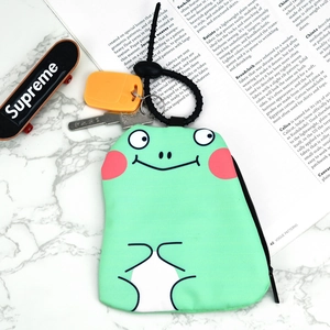 Portable cute green frog shaped coin purse with zipper closure and elastic lanyard