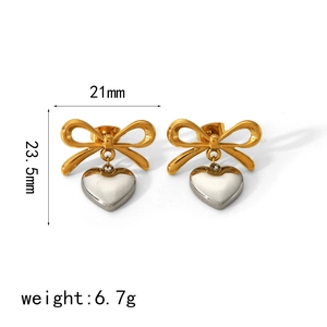 Gold bow and silver heart pendant earrings in titanium steel with measurements 21x23.5mm