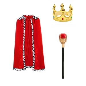 Three-piece King costume set with red velvet cape, gold plastic crown and royal scepter
