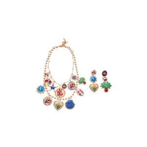 Colorful geometric heart jewelry set with layered gold bead necklaces and earrings