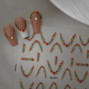 3D French manicure stickers with colorful rhinestones in V-shape and curved designs