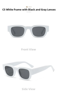 Vues frontale et latérale de lunettes de soleil carrées blanches vintage à verres gris