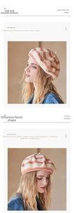 Detail showing the cream and orange striped knit beret with soft wool texture