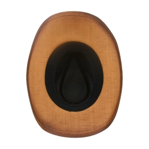 Detail view showing the interior lining and sweatband of the brown woven cowboy straw hat