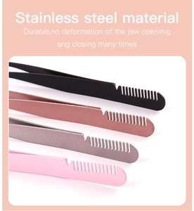 Detail showing stainless steel eyebrow tweezers with integrated comb in four colors