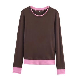 Women Casual Color Block Long Sleeve T-Shirt Fake Two Piece Round Neck Polyester Streetwear Loose Fit Top For Daily Wear