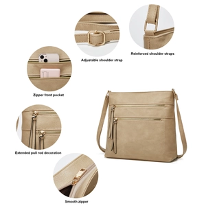 Detailed views of adjustable strap, reinforced stitching, and zippers on beige tote bag