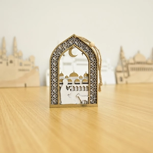 Wooden Eid holiday ornament with laser-cut mosque and crescent moon tiered design