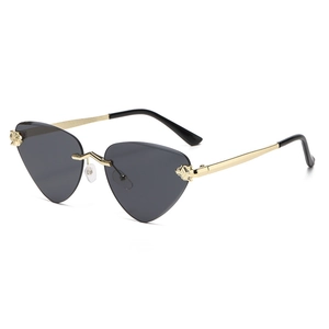 Frameless metal sunglasses with grey lenses and gold leopard head temple accents
