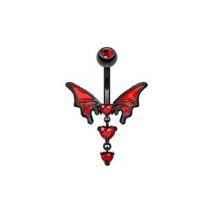 Gothic black bat wing belly button ring with three red heart-shaped zircon stones