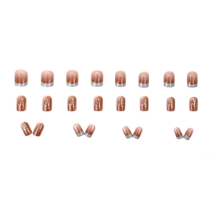 Short square press-on nails with amber caramel gold foil and grey French design