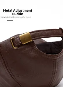 Detail of adjustable metal buckle on dark brown PU leather baseball cap for custom fit