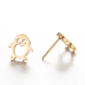 Cute gold-plated stainless steel penguin stud earrings with hollow design for women