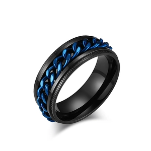Men's black titanium steel spinner ring with blue chain inlay and gear edges