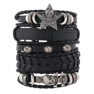 Men's Punk Hip Hop Leather Bracelet Collection Vintage Skull Star Rivet Multi-layer Woven Bracelets Gothic Rock Streetwear