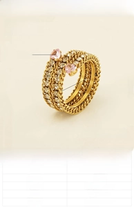 Detail of 18K gold plated stainless steel spiral ring with pink heart shaped zircon stones