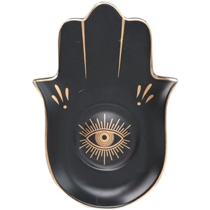 Nordisches schwarzes Keramik-Hamsa-Tablett mit goldenem Auge für Schmuck