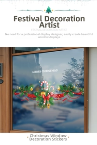 Christmas window decal with pine needles, candy canes and Merry Christmas text on glass