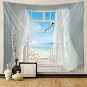 Wall Hanging Tapestry Polyester Fabric Window View Sea Landscape Surreal Starry Sky Art Decor For Bedroom Living Room
