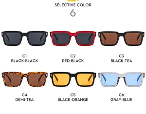 Detailed grid showing six color options for square fashion sunglasses in resin frames