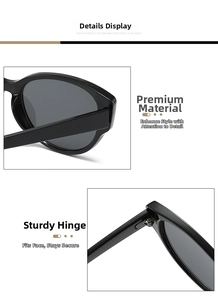 Détail de lunettes de soleil œil-de-chat noires avec charnières solides et verres gris